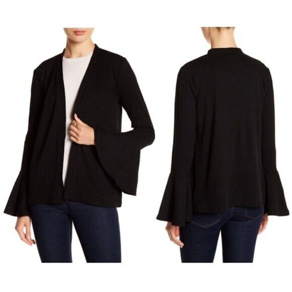 Philosophy Cardigan Sweater Womens L Black Open Ribbed Bell Sleeve Knit Stretch